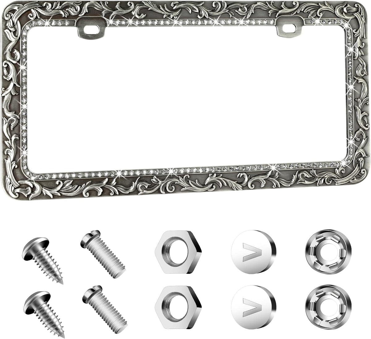 Metal Car License Plate Frames,Antique Old Pattern Printing, Bling Crystal Rhinestones Inlaid,Universal 2 Holes Automotive Replacement Parts Plate Holder(1 Pack)