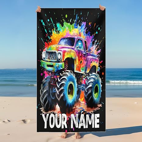 Kids Beach Towels with Names, Custom Cute Truck Towels for Boys Car Lovers, 30x60 Inches Microfiber Sandproof Personaliz