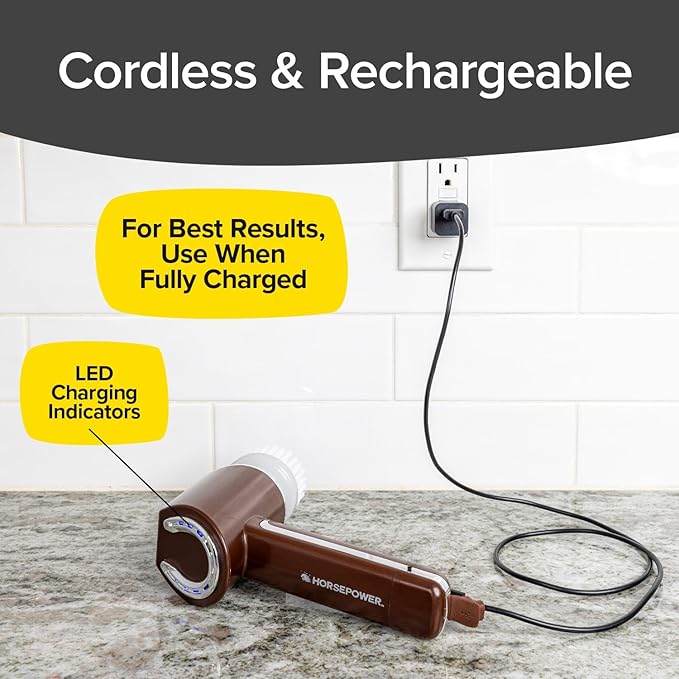 Horsepower Scrubber, Waterproof, Electric Power, Spins 350 RPM, 5 Brush Heads, AS SEEN ON TV, Cleans Dirt & Grime, Tile, Grout, Bathrooms, Kitchen, Auto Rims, Outdoor Furniture & More, Rechargeable