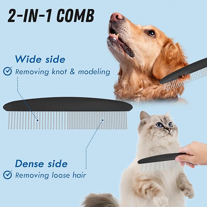 Docrok Pet Grooming Combo: Undercoat Rake, Dematting Deshedding Brush for Long-Haired Dogs and Cats, Black