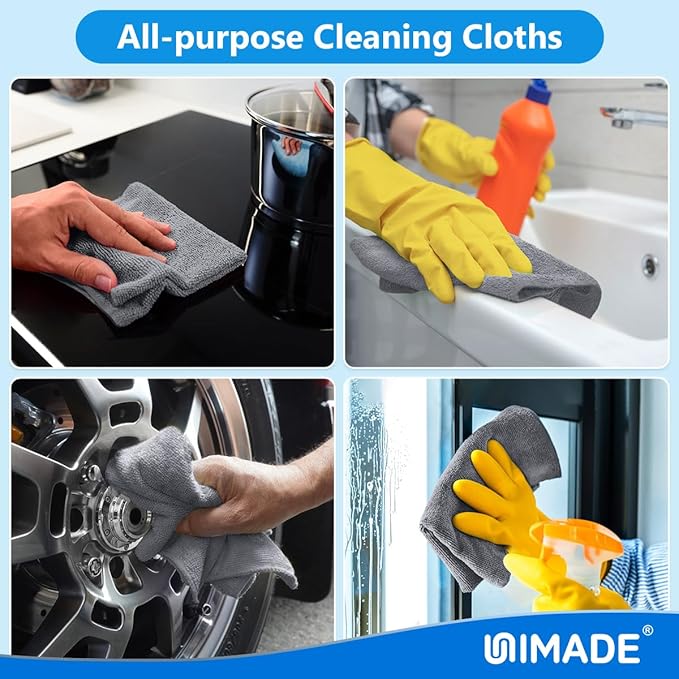 UNIMADE Microfiber Cleaning Cloth, 50 Pack Microfiber Towels for Cars Reusable Shop Rags Bulk Lint Free Cleaning Towels for Car Kitchen Automotive Bar Mechanic Restaurant Garage, 11.5"x 11.5", Grey
