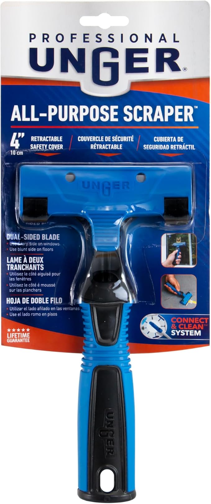 Unger Professional Connect and Clean 4" All-Purpose Scraper, Window, Glass, and Floor Scraping Tool Supplies, Adhesive Removal, Gum, Stickers, Paint Removal, Dual-Sided Blade