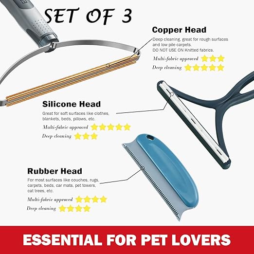Pet Hair Removal Tools (3-Pack), Dog Cat Hair Remover Pro, Lint Shaver Cleaner, Fur Removal Carpet Scraper, Fuzz Hairball Brush for Carpet, Car Mat, Clothes, Couch, Pet Bed, Cat Tree, Furniture
