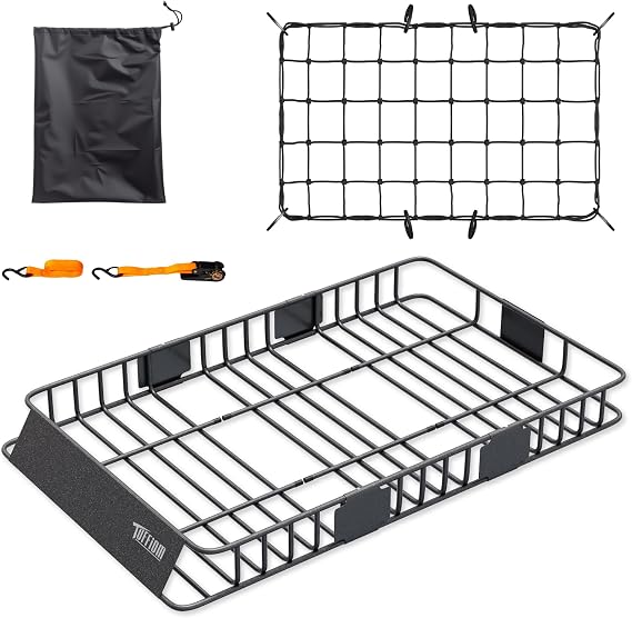 TUFFIOM 250lbs 64 x 39 x 6 inch Extendable Roof Top Cargo Carrier Basket w/Net+Storage Bag+Straps, Heavy Duty Rooftop Lu