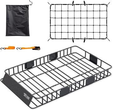 TUFFIOM 250lbs 64 x 39 x 6 inch Extendable Roof Top Cargo Carrier Basket w/Net+Storage Bag+Straps, Heavy Duty Rooftop Lu