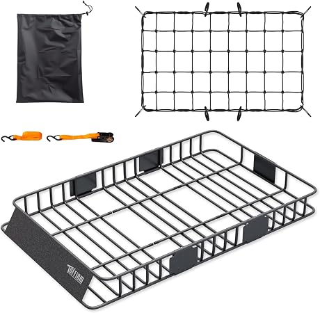 TUFFIOM 250lbs 64 x 39 x 6 inch Extendable Roof Top Cargo Carrier Basket w/Net+Storage Bag+Straps, Heavy Duty Rooftop Lu