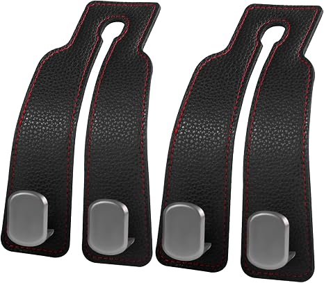 2PCS Car Seat Back Storage Headrest Hooks, Genuine Leather Double Metal Hook for Backseat Organizer for Men Women Car Or
