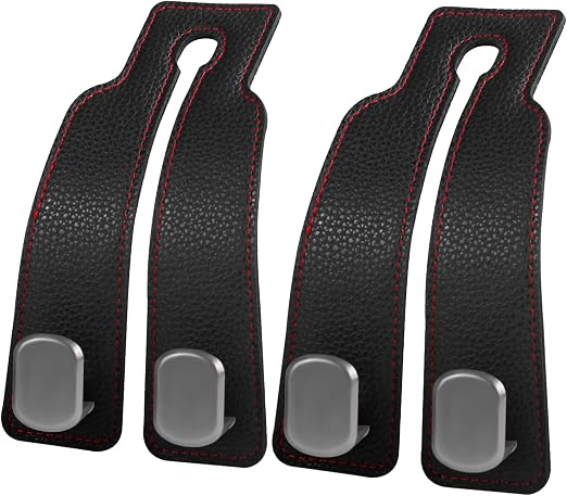 2PCS Car Seat Back Storage Headrest Hooks, Genuine Leather Double Metal Hook for Backseat Organizer for Men Women Car Or