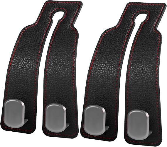 2PCS Car Seat Back Storage Headrest Hooks, Genuine Leather Double Metal Hook for Backseat Organizer for Men Women Car Or