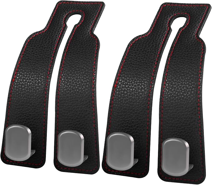 2PCS Car Seat Back Storage Headrest Hooks, Genuine Leather Double Metal Hook for Backseat Organizer for Men Women Car Or