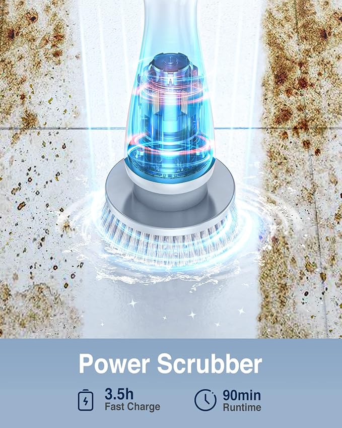 Electric Spin Scrubber, Cordless Cleaning Brush Scrubber with 7 Replaceable Brush Heads and Adjustable Extension Handle, IPX7 Waterproof Power Cleaning Brush for Bathroom Tub Floor Tile Shower