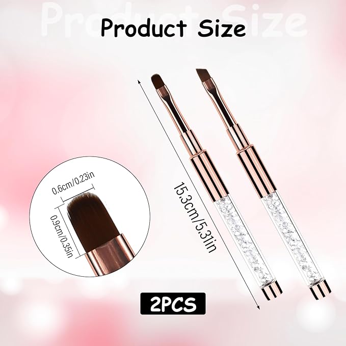 2Pcs Oval & Angled UV Gel Nail Brush Nail Art Clean Up Brush Rhinestone Handle Nails Art Design Brushes Drawing Pen Gel Brushes for Nails