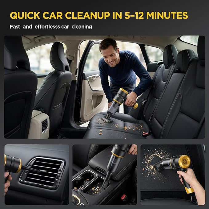 Handheld Car Vacuum Cleaner, 4-in-1 Cordless Rechargeable Mini Vacuum with Air Duster – Quickly Clean Crumbs, Pet Hair & Crevices in Car, Office, Home. Ideal for Commuters & Office Workers (Gold)