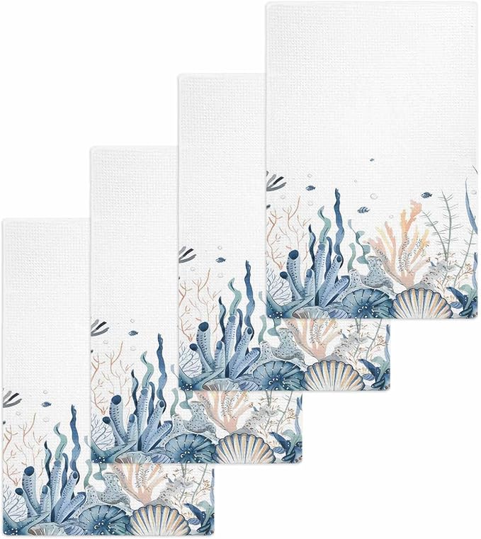Ocean Seaweed Waffle Kitchen Hand Towels Set of 4,Super Absorbent & Quick Dry Hair Dish Bath Tea Golf Microfiber Soft To