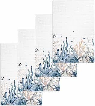 Ocean Seaweed Waffle Kitchen Hand Towels Set of 4,Super Absorbent & Quick Dry Hair Dish Bath Tea Golf Microfiber Soft To