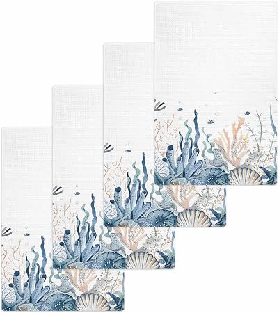 Ocean Seaweed Waffle Kitchen Hand Towels Set of 4,Super Absorbent & Quick Dry Hair Dish Bath Tea Golf Microfiber Soft To