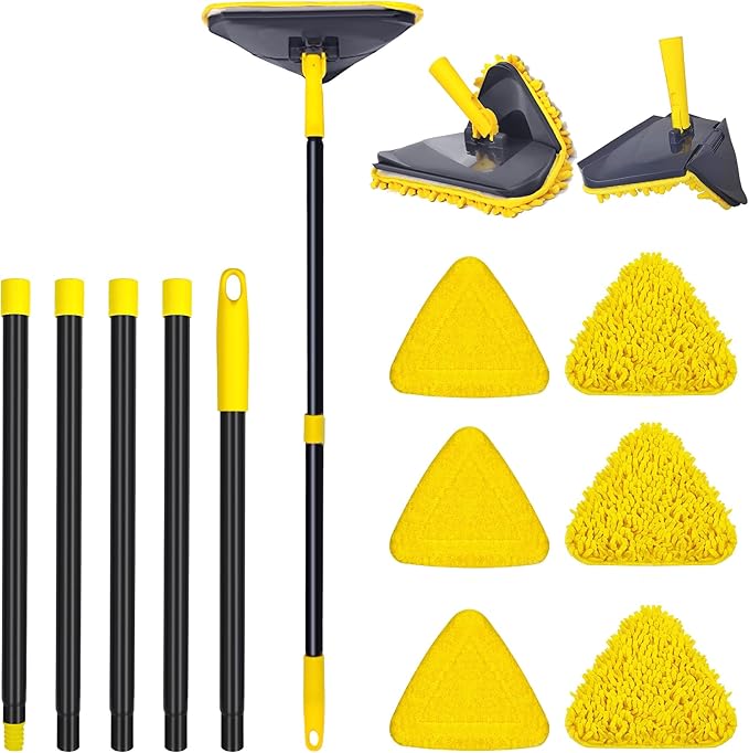 Newly Upgraded Wall Mop with 82 Inches Long Handle, 180° Folding Wall Cleaner Triangle Mop with Squeegee, 3-in-1 Ceiling Cleaning Tool with 6 Replacement Pads for Wall, Baseboards, Ceiling, Floor