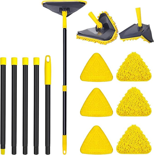 Newly Upgraded Wall Mop with 82 Inches Long Handle, 180° Folding Wall Cleaner Triangle Mop with Squeegee, 3-in-1 Ceiling Cleaning Tool with 6 Replacement Pads for Wall, Baseboards, Ceiling, Floor