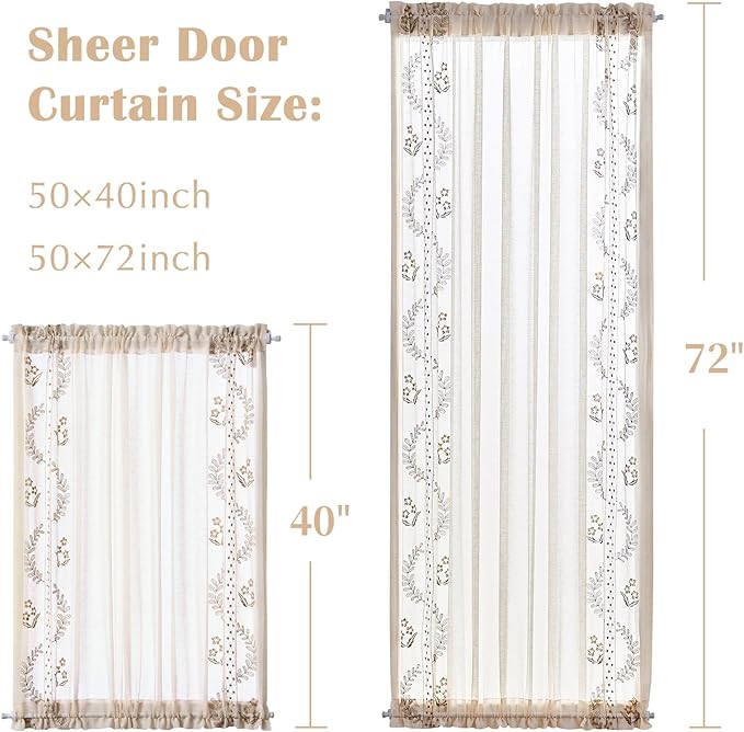 jinchan Belrose Sheer French Door Curtain Embroidered Farmhouse Linen Curtain for Patio Light Filtering for Door Window Closet Rod Pocket 72 Inches 1 Panel Taupe on Beige