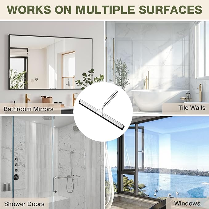 FARMER Shower Squeegee for Glass Doors, 10-Inch Glass Squeegee for Windows, Car Glass and Mirrors, Multi-Purpose Stainless Steel Squeegee with Suction Wall Hook and Over Door Hook, Silver