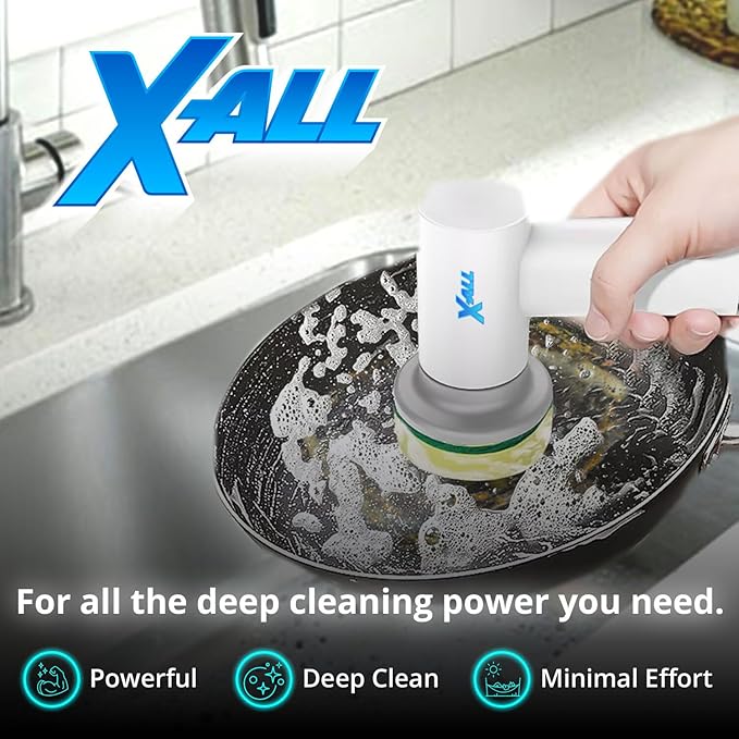 X-All Electric Spin Power Scrubber - Rechargeable Lightweight Waterproof Cordless 2-Speed Control Cleaning Tool with 2 Spin Brush Heads - White
