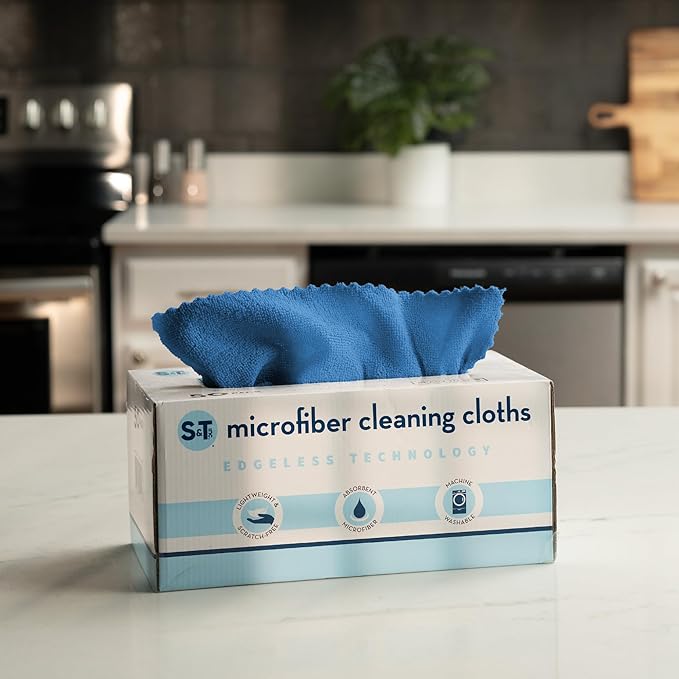 S&T INC. 50 Pack Microfiber Cleaning Cloth with Box, Bulk Towels for Home, Reusable Microfiber Towels for Cars, Cleaning Rags, Blue Color will Vary, 190gsm, 11.8 Inches x 11.8 Inches, 50 Count
