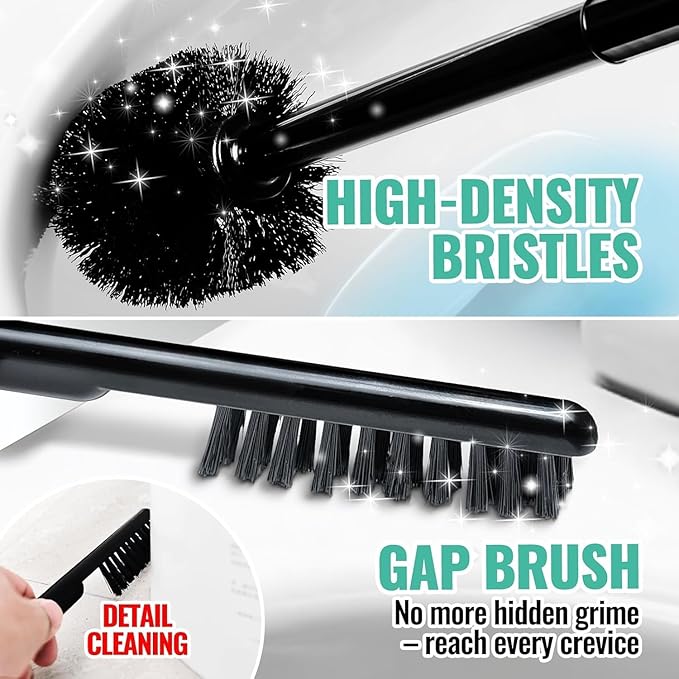 3PACK 4 in 1 Toilet Brush and Plunger Set with Crevice Cleaning Brush, Toilet Plunger and Brush Set with Extra Long Handle, Plungers for Bathroom Accessories, Toilet Plunger with Holder, Bright Black