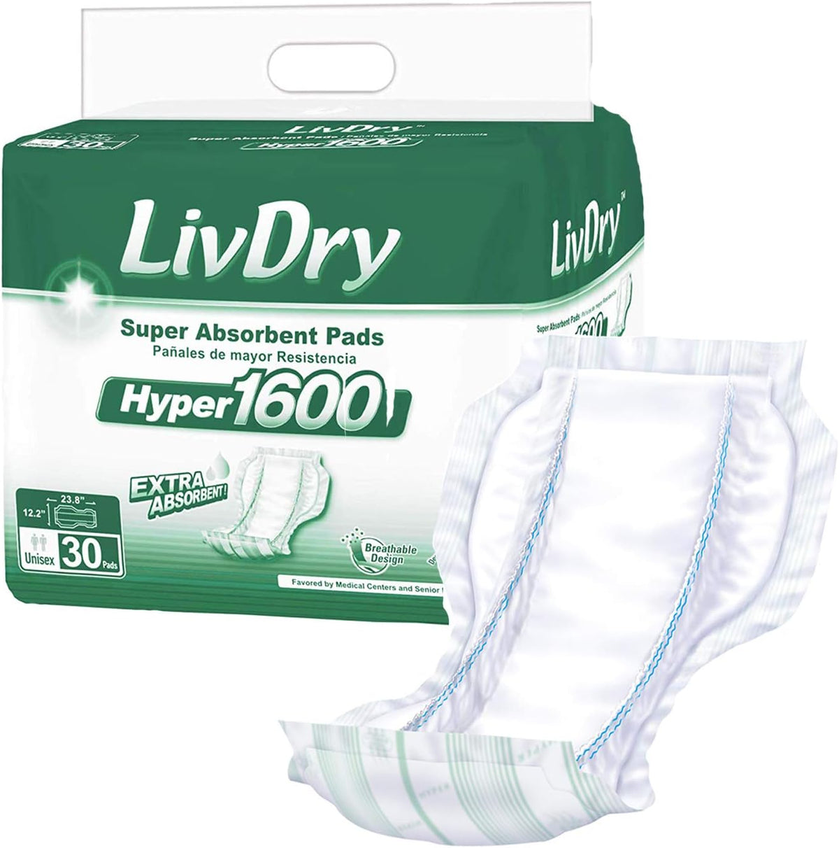 High Absorbency Pad Insert for Incontinence Briefs and Adult Diaper Booster, Women and Men, Hyper 1600 (30 Count)