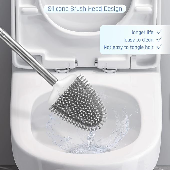 Sellemer Toilet Brush and Holder Set for Bathroom, Flexible Toilet Bowl Brush Head with Silicone Bristles, Compact Size for Storage and Organization, Ventilation Slots Base (2 Pack, White)