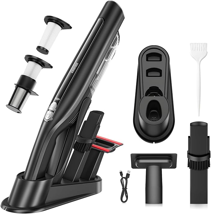 Handheld Vacuum Cordless,24KPA High Power Car Vacuum with Brushless Motor,LED Light,Charging Dock,Rechargeable Hand Held Vacuum Cleaner with Reusable Filter for Car,Home,Office,Pet Pair,Black