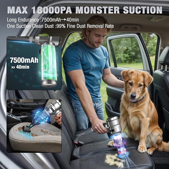 Car Vacuum Portable Cordless 22000PA High Power with Brushless Motor 4-in-1 Compressed Air Duster & Air Blower & Pump Hand Held Vacuum for Car, Home, Office, Ideal Gifts for Men & Women