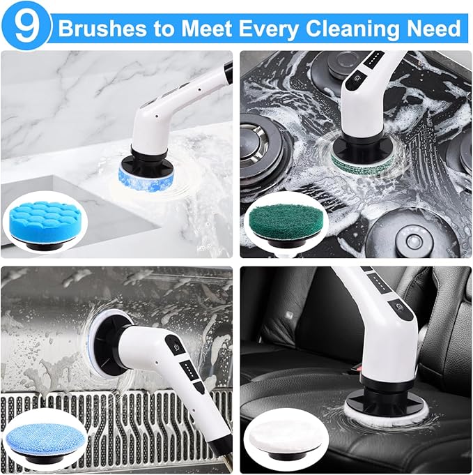 WDFAACK Electric Spin Scrubber,Cordless Spin Scrubber for Cleaning with 8 Replaceable Brush Heads,Shower Scrubber with Adjustable Detachable Handle for Bathroom,Kitchen