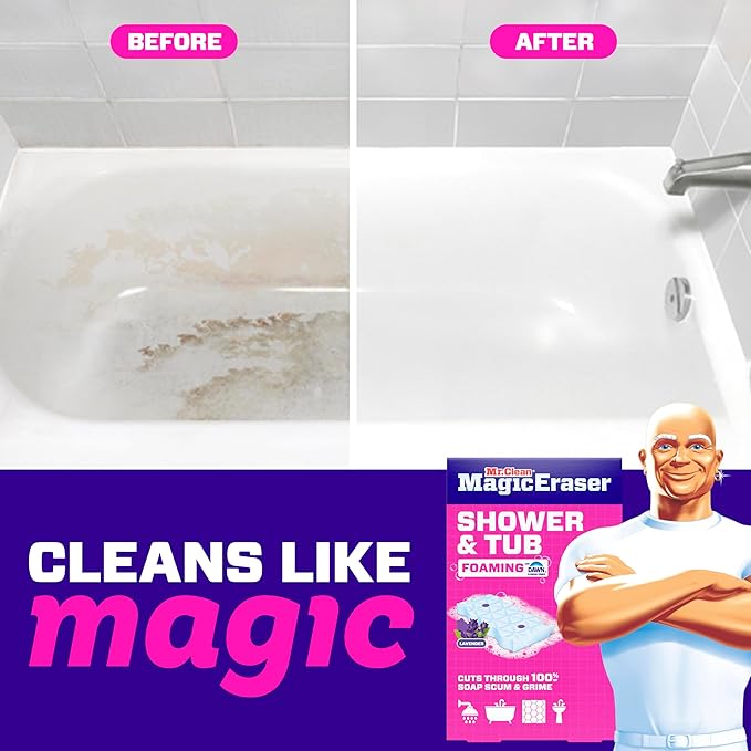 Mr. Clean Magic Eraser Sponge, Bathroom, Shower, Tub Cleaner, Soap Scum Remover, Bathroom Cleaning Supplies, Dawn Cleaning Power with Lavender Scent, Shower & Tub, 8ct