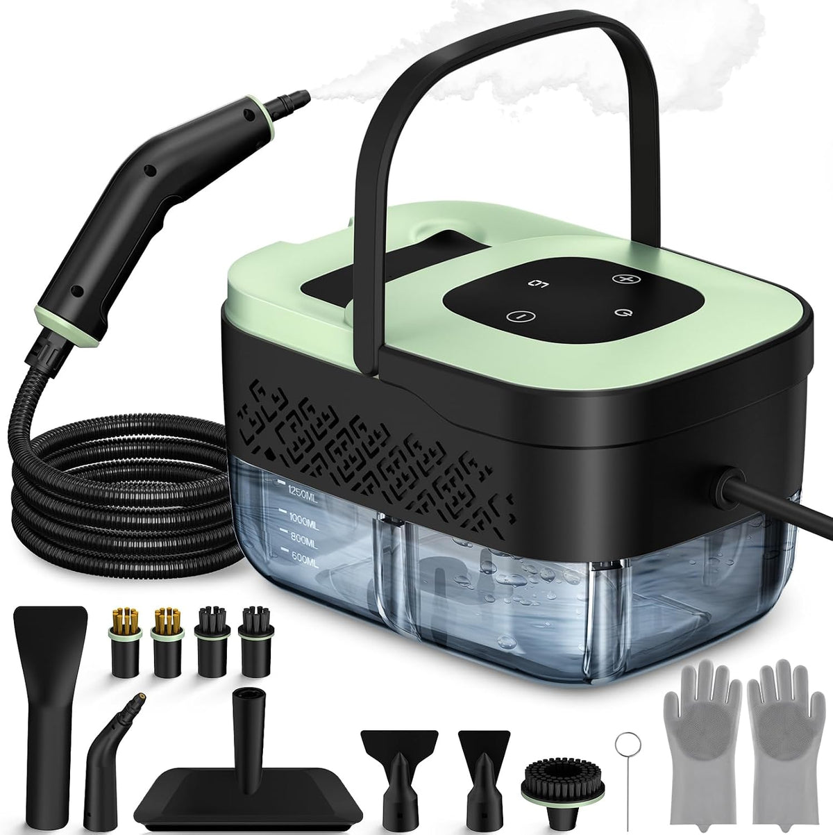 Steam Cleaner, Portable Steamer for Cleaning with 16pcs Accessories, 6-Level Adjustable and 15s Heat-Up, Handheld Steam Cleaner for Home, Tile, Dirt, Grout, Grease, Car Detailing, Dark Green