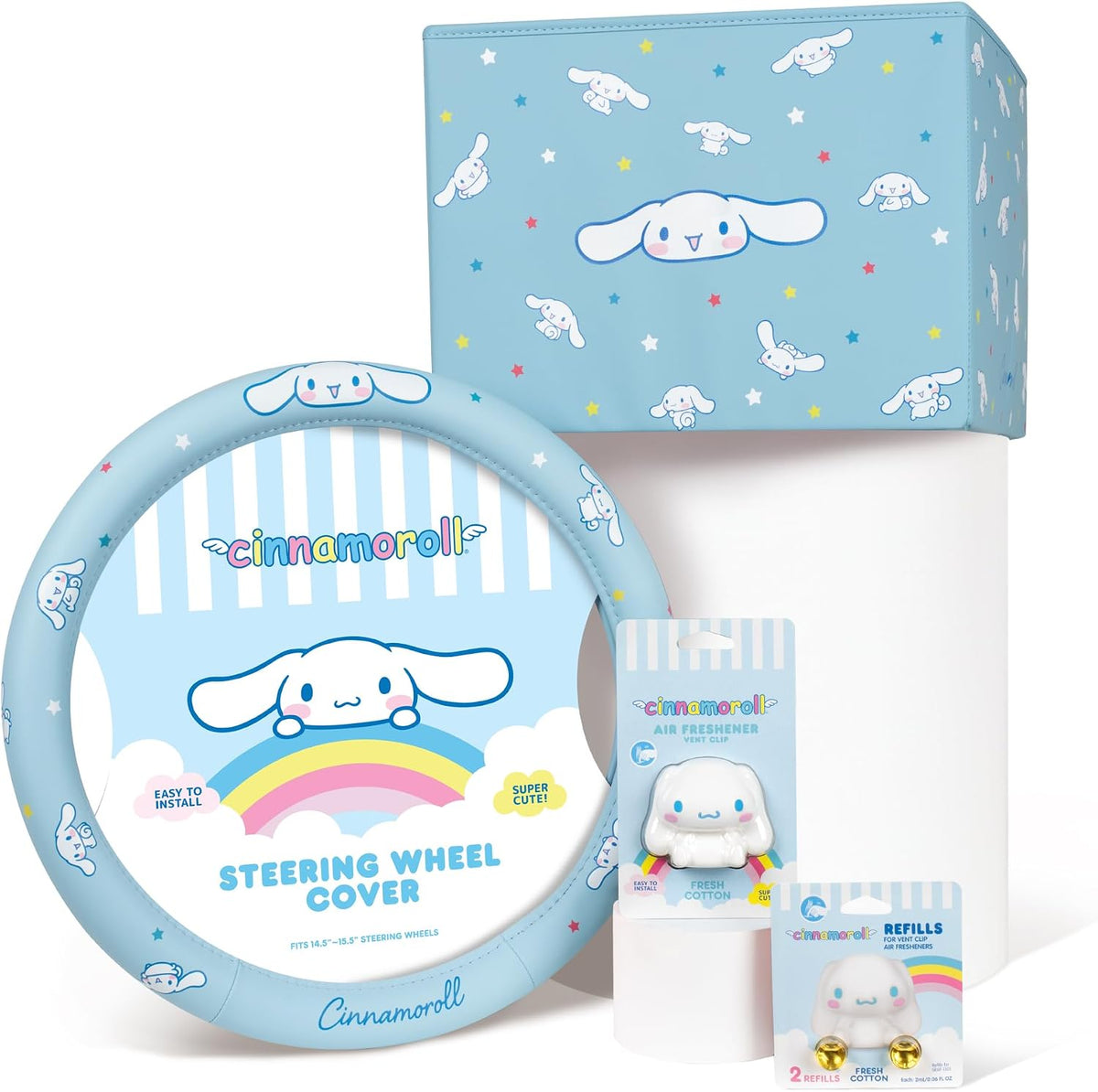 Sanrio Cinnamoroll Car Trunk Organizer, Steering Wheel Cover, Air Freshener & Refill – Cute, Collapsible, Heavy-Duty Storage & Car Accessories for Groceries, Tools, Travel – 12.5"L x 12.5"W x 9"H