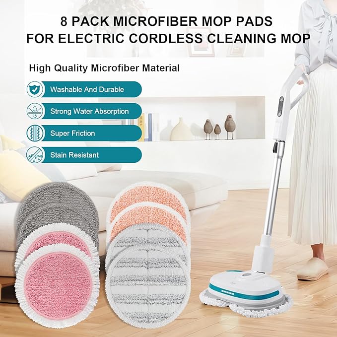 Spin Cordless Electric Mop Pads: 6.5/6.3/6 inch steam/electric mop Pads Replacement for alfabot/vmai/teko/eous/vm6/devoac/kactor/redkey/gobot mop - Round Velcro Scrubber Pads for floor cleaning 8 Pack