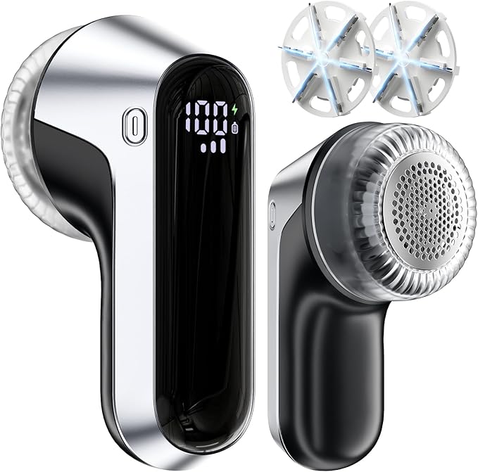 coldSky Fabric Shaver, Rechargeable Lint Shaver with Digital Display, Portable Sweater Defuzzer with 3 Speeds, 6 Leaf Blades and Safety Lock, Electric lint Remover for Clothes, Sweater (Silver)