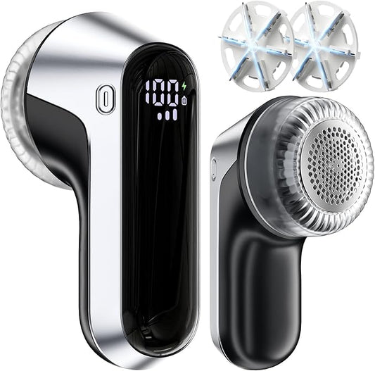 coldSky Fabric Shaver, Rechargeable Lint Shaver with Digital Display, Portable Sweater Defuzzer with 3 Speeds, 6 Leaf Blades and Safety Lock, Electric lint Remover for Clothes, Sweater (Silver)