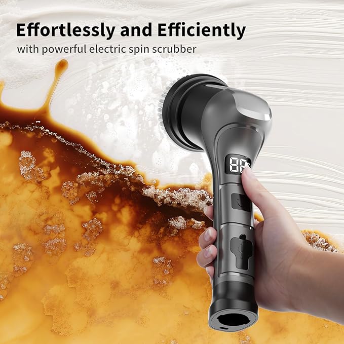 Electric Spin Scrubber, Cordless Power Dish Scrubber Brush, Type-C Fast Charging with LED Power Display, 3 Speeds, 6 Replaceable Heads for Cleaning Kitchen Stove/Bowl/Sink/Corner/Tile/Grout (Grey)