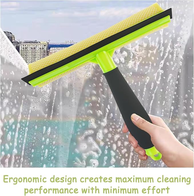 Shower Squeegee Window Squeegee Cleaner for Shower Doors Glass, 2 in 1 Window Cleaning Tool Window Scrubber Handheld Squeegee for Car Windshield with Sponge and Rubber Squeegee, Green