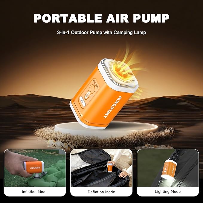 Portable Electric Mini Air Pump for Inflatables-Camping (SOS) Light,5 Universal Nozzles,Carabiner Clip,1200mAh Rechargeable-Fast Inflate/Deflate Pool Float/Air Mattress Bed/Vacuum Bag Home Storage