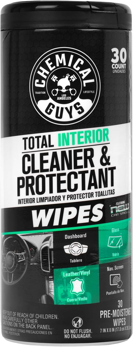 Chemical Guys Total Interior New Car Smell Cleaner & Protectant Wipes – All-in-One Interior Cleaning Wipes for Dashboards, Vinyl, Leather, Fabric & Glass – Cleans & Protects, New Car Scent, 30 Ct