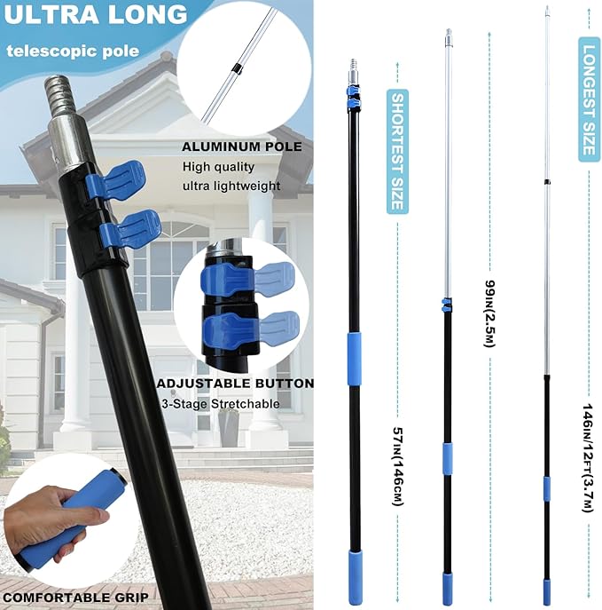20 Ft+ Reach 2 In 1 Window Squeegee Duster with 5-to-12 Foot Extension Pole, Cleaner Tool with 3-Stage Telescoping Pole, Cleaning Kit with Rotatable Head - Chenille Cloth + Microfibre Cloths Head