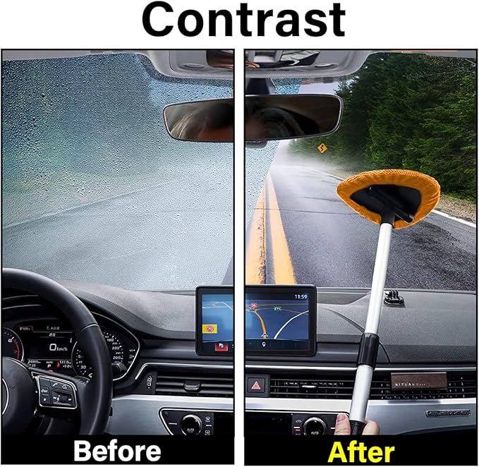 Windshield Cleaning Tool, Car Window Cleaner with 4 Washable Reusable Microfiber Pads, Extendable Long Handle Glass Wiper Cleaning Kit, Auto Accessories Universal for Office and Home (Orange)