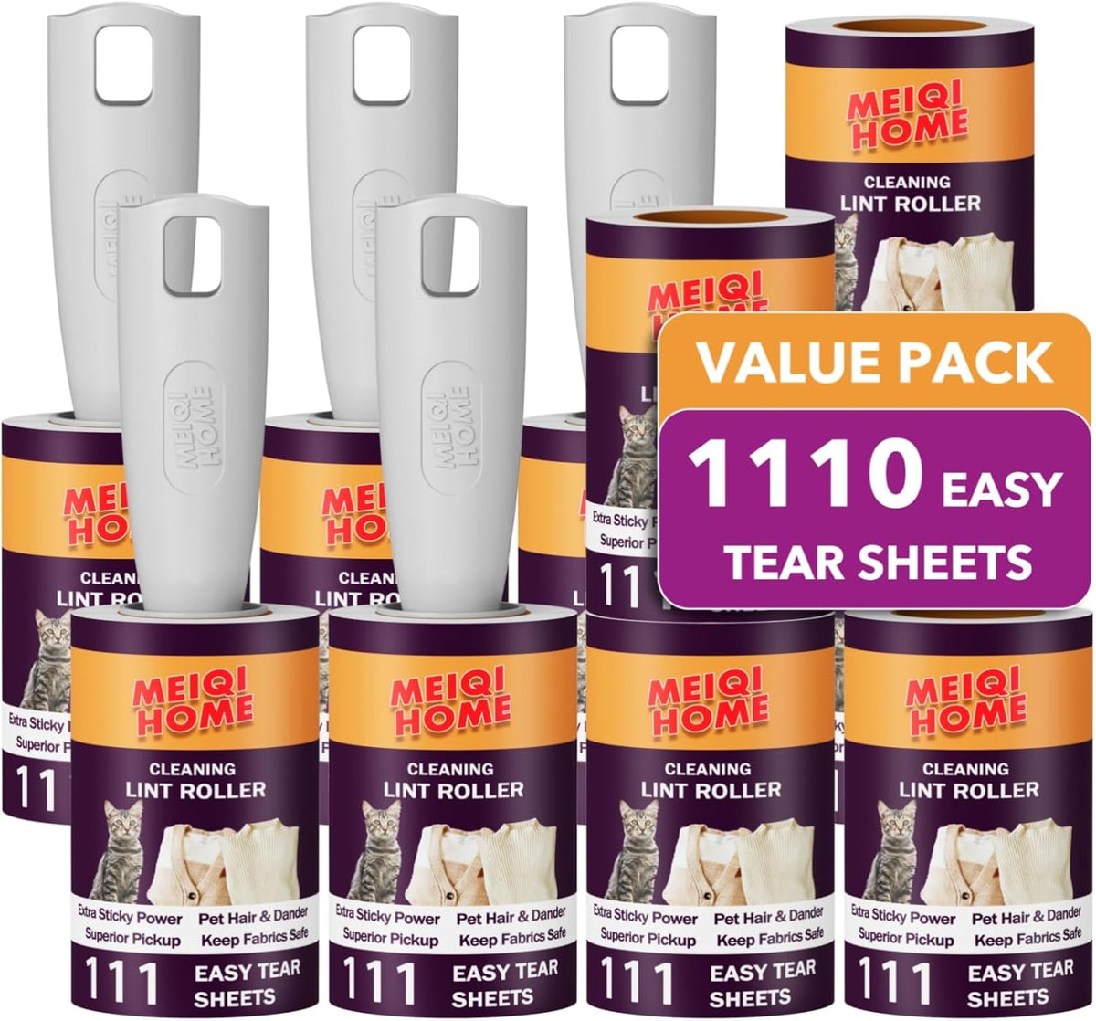 Lint Rollers for Pet Hair Extra Sticky, 1110 Sheets Mega Value Set Lint Roller with 5 Upgraded Handles, 10 Rollers Portable Pet Lint Roller for Clothes, Furniture, Dog & Cat Hair Removal