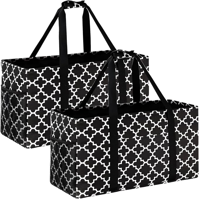 GhvyenntteS Extra Large Utility Tote Bag 2 Pack - Stand Up Utility Tote with Metal Wire Frame & Hard Bottom Board, Reusa
