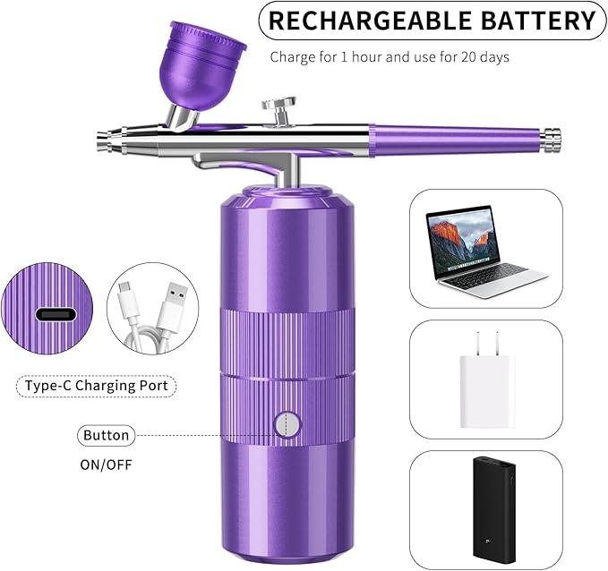 Airbrush Kit with Compressor Portable Airbrush Kit 48PSI High-Pressure Non-Clogging Air Brush Set Cordless Rechargeable with 0.3mm Nozzle and Cleaning Brush for Painting,Nail Art, Makeup (Purple)