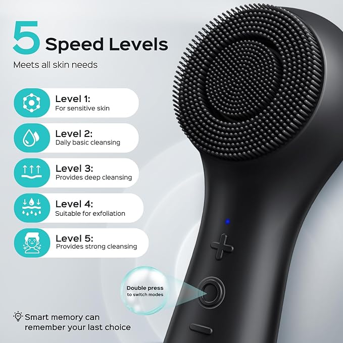 COSLUS FBS03 Face Scrubber Facial Cleansing Brush: 2 in 1 Spin and Vibration Patented, Silicone Electric Exfoliator Scrubber with Automatic Foaming, Waterproof Face Cleanser Brush for Men and Women