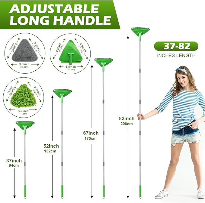 Wall Cleaner Triangle Mop with 82'' Long Handle - Wall Scrubber, Cleaning Washer Tool with 4 Microfiber Chenille Duster Pads for Clean Walls, Ceiling, Windows, Baseboards, Floors (Green, 6 Pads)