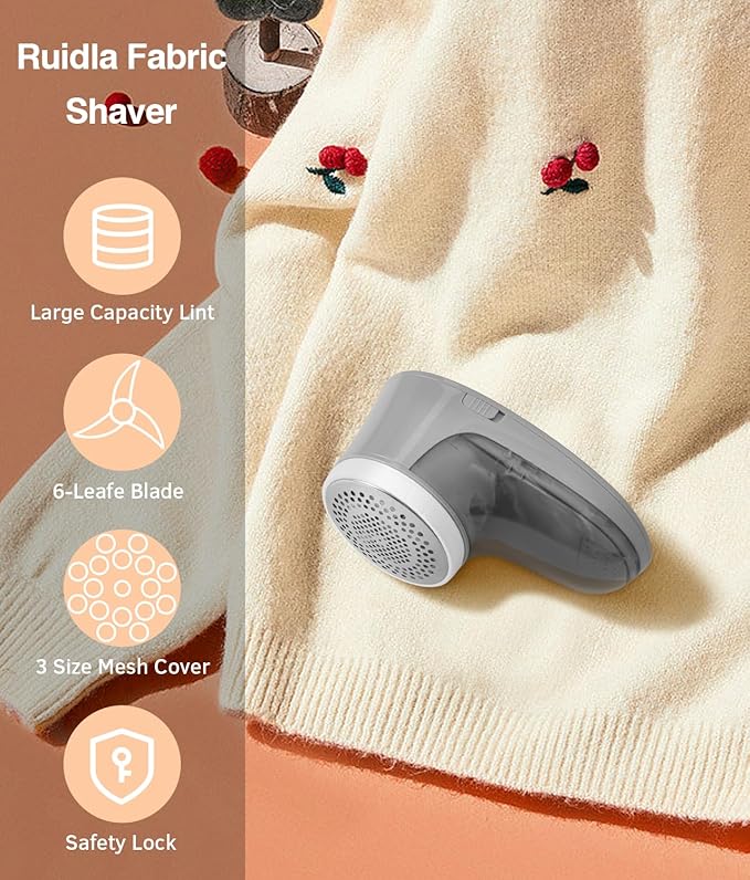 Ruidla Fabric Shaver Lint Remover, Sweater Shaver with Replaceable Stainless Steel 6-Leaf Blades, Fabric Defuzzer for Clothes Fuzz, Lint Balls - Battery Operated